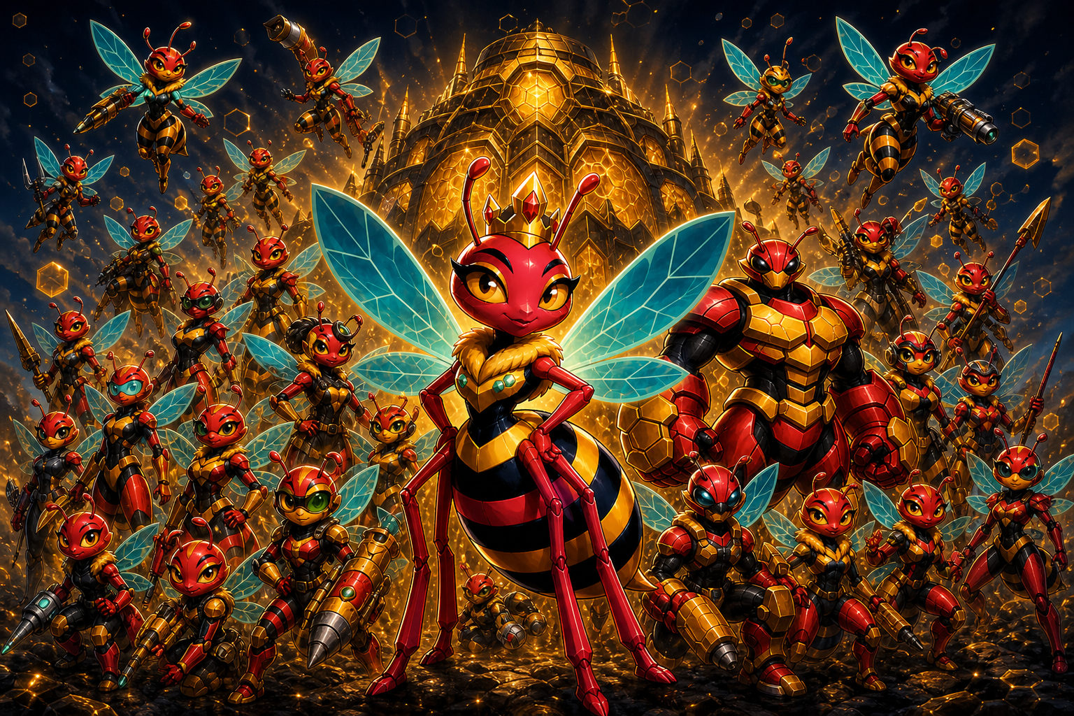 Queen B in the middle with her workers in front of the hive